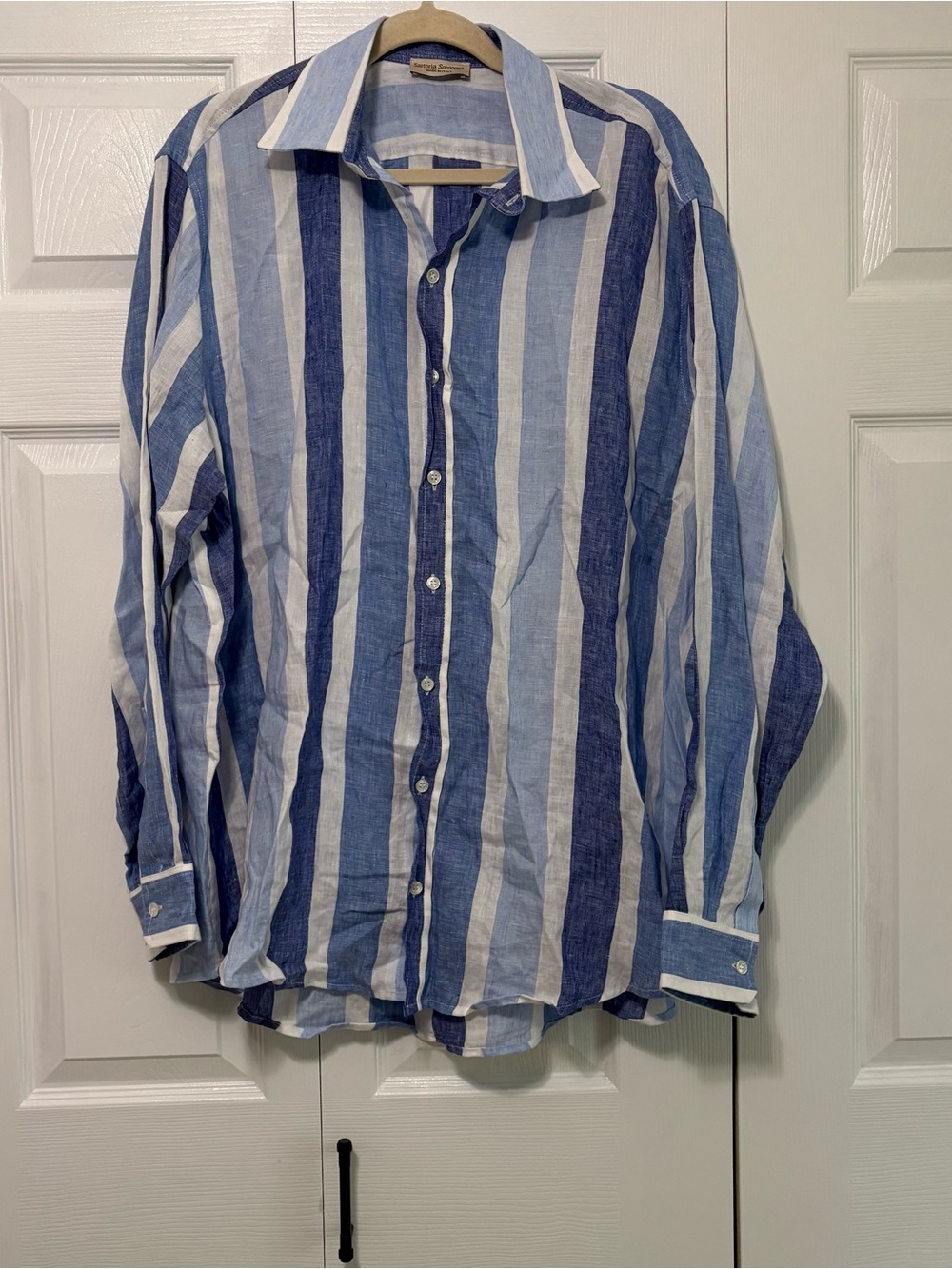 Sartoria Saracena Striped Blue 100% Linen Button-Down Shirt - Men's XXL